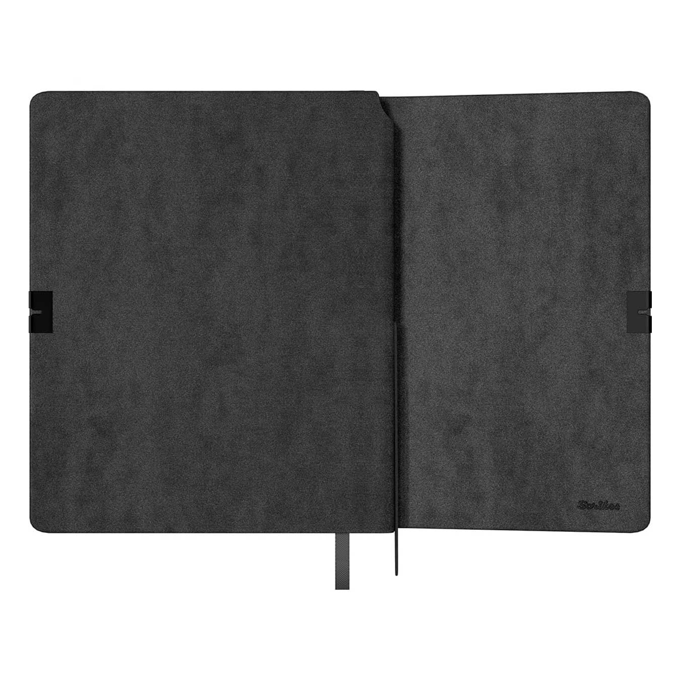 Scrikss A5 Premium Ruled Notebook with Black Faux Leather Cover opned and shown from back side