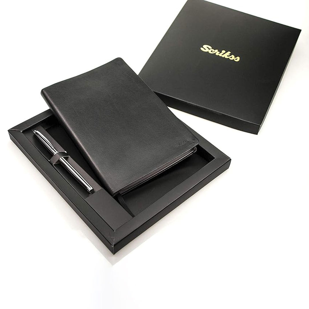 Scrikss | A5 Sundance Premium Notebook | 800 Rollerball Pen | Titanium Chrome | Gift Set | Black