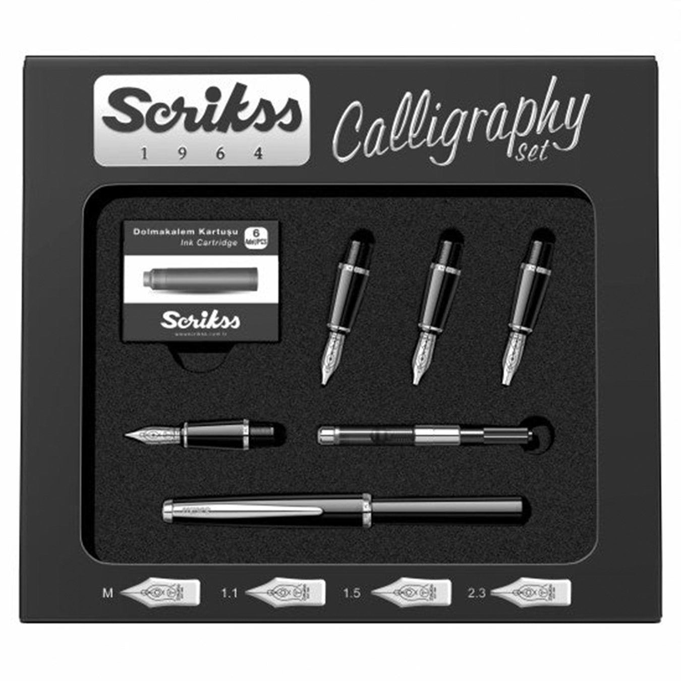 Scrikss calligraphy set with a black pen and nibs in a black box