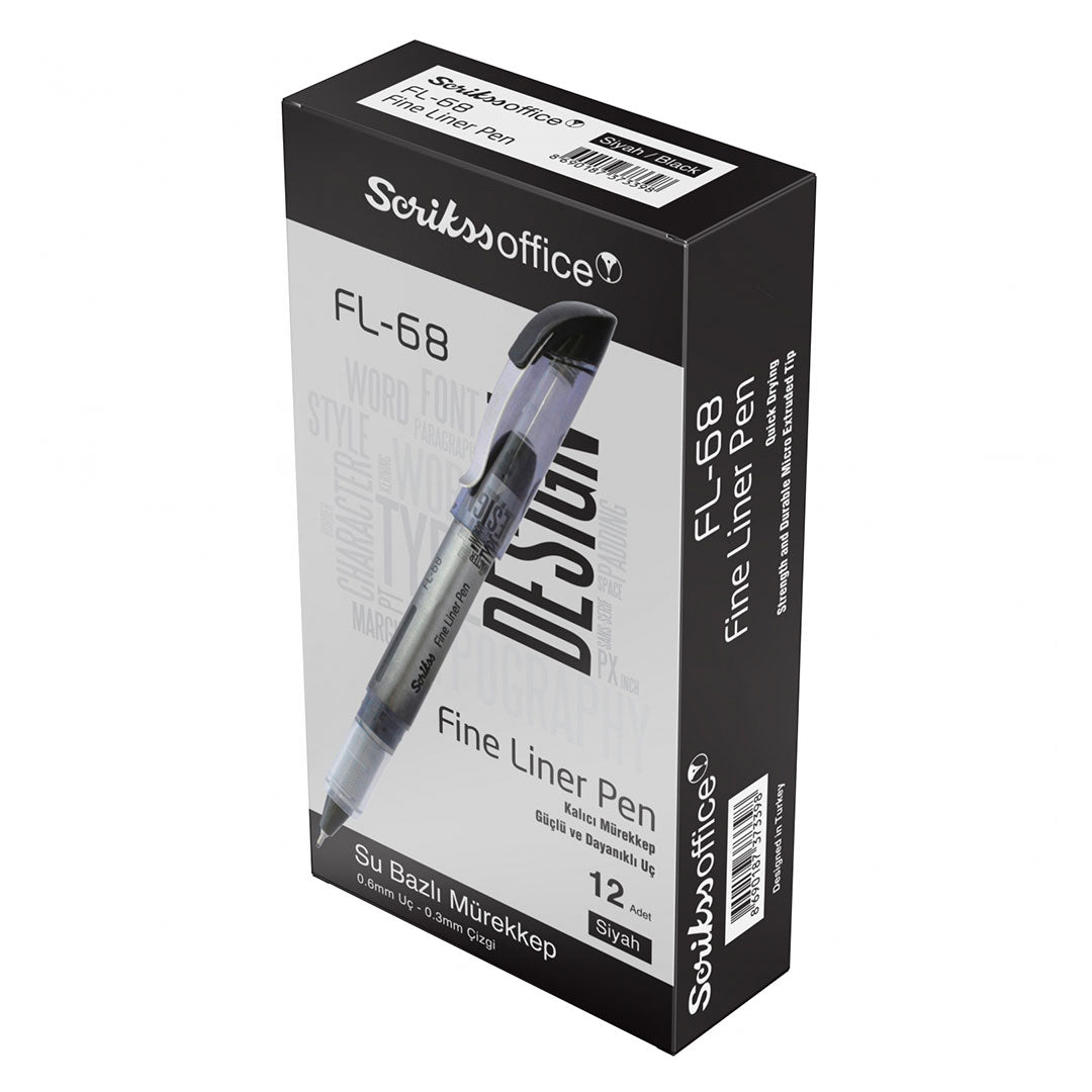 Scrikss FL-68 0.6mm Black Fineliner – Box of 12 on a white background