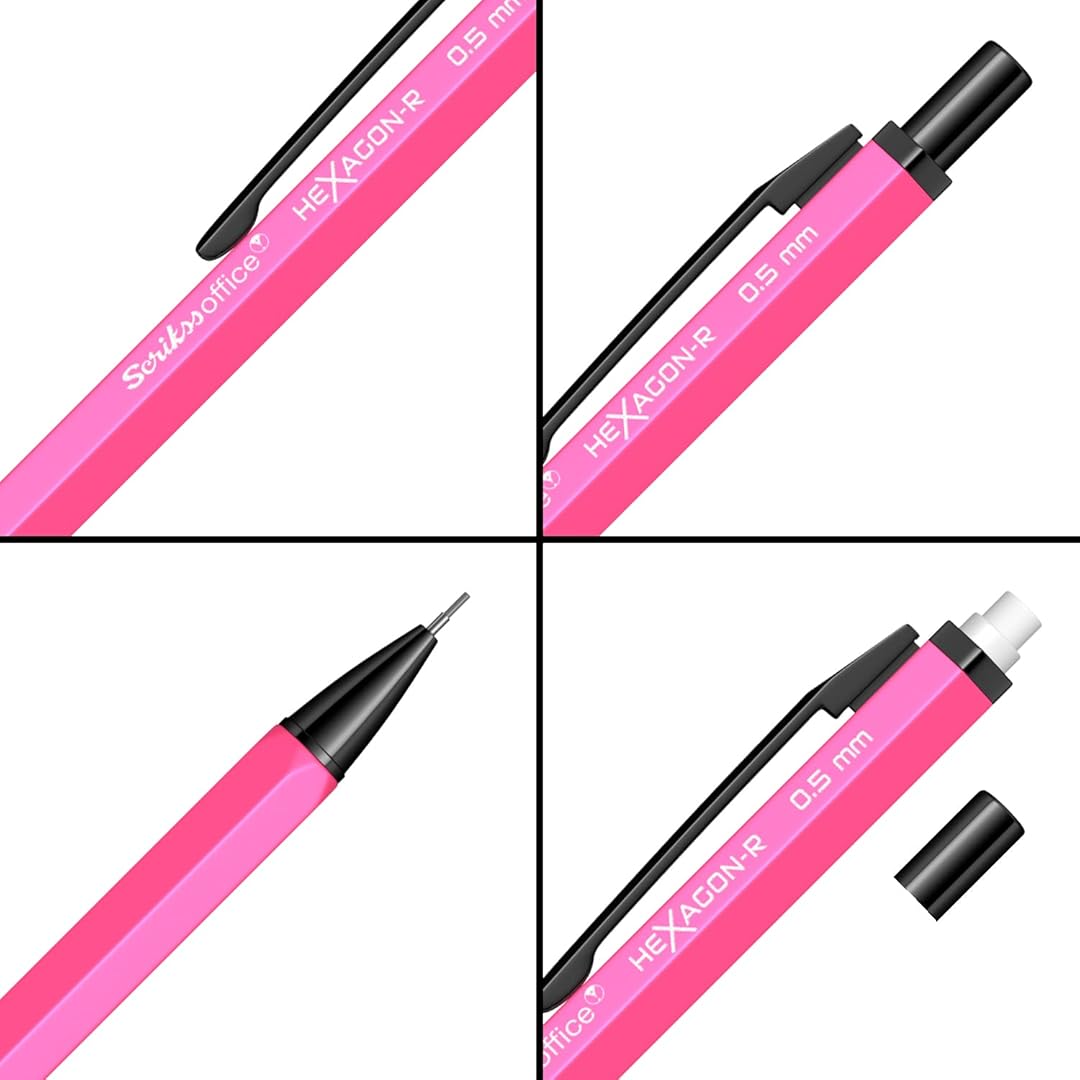 Scrikss Hexagon-R 0.5mm Mechanical Pencil in Neon Pink with all angles