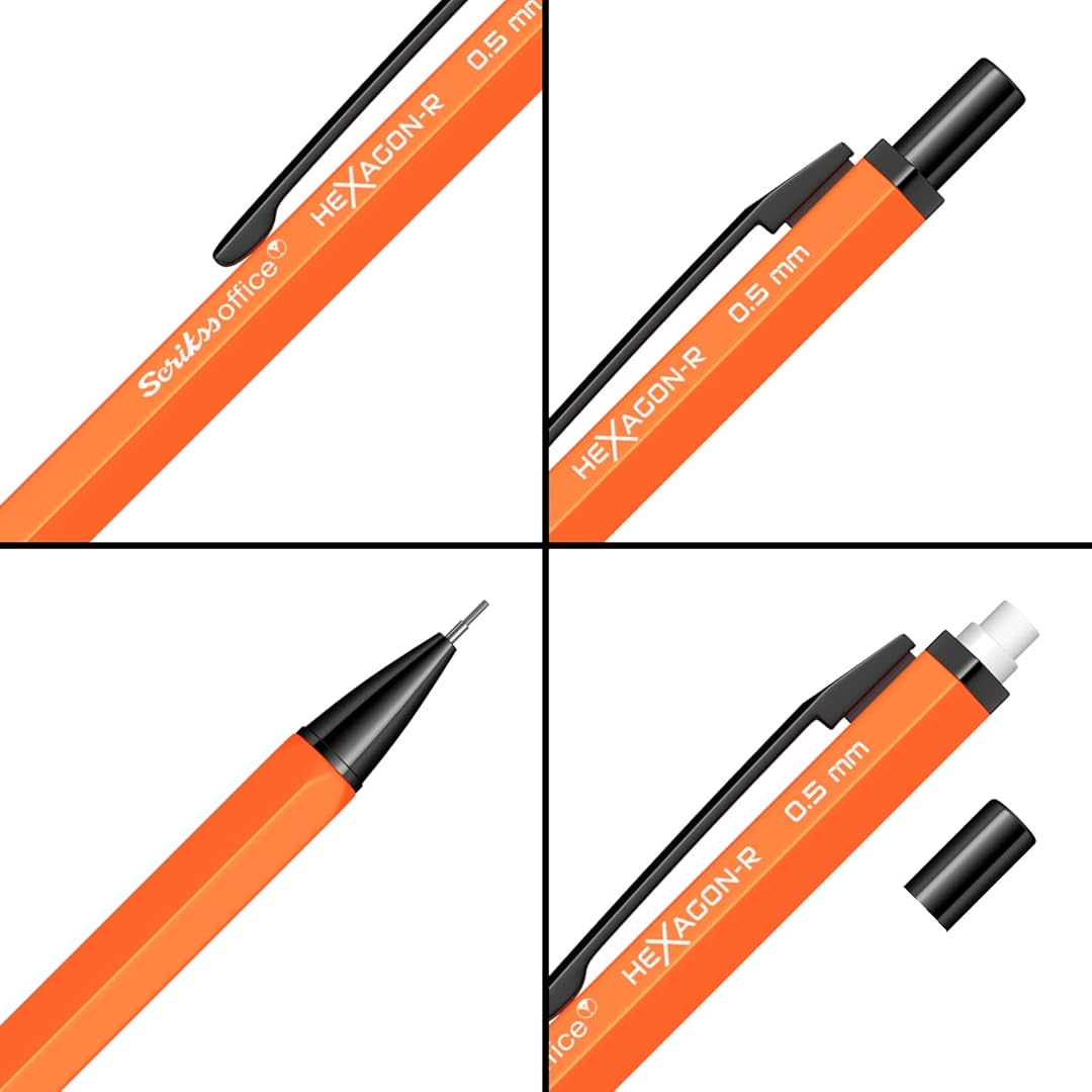 Scrikss Hexagon-R 0.5mm Mechanical Pencil in Orange with all angles