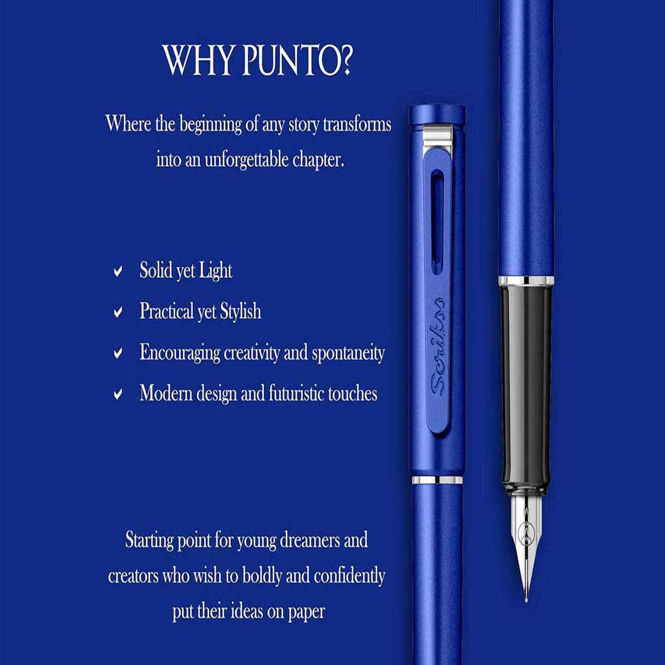 Scrikss Punto Medium Nib Blue Fountain Pen with explaining the pen details text on a blue background