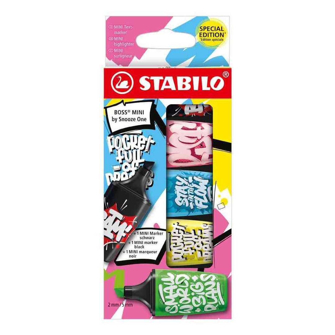 Stabilo | Boss | Mini Snooze One | Highlighter Pen | Pack of 5 | Pink, Blue, Yellow, Green, Black