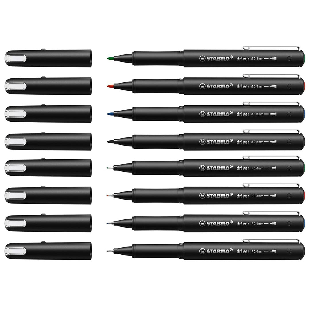 Stabilo | dr!ver Series | Premium Fineliner & Felt Tip | 32 Pens | Black, Blue, Red, Green