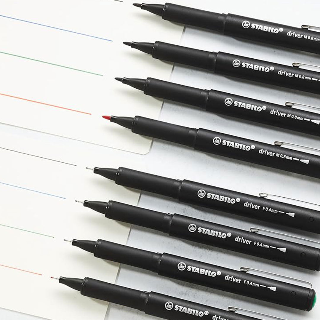 Stabilo | dr!ver Series | Premium Fineliner & Felt Tip | 32 Pens | Black, Blue, Red, Green