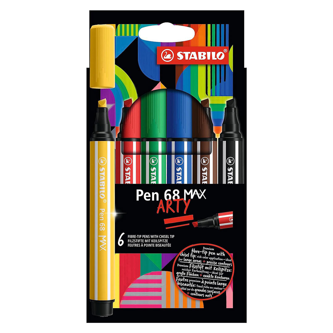Stabilo | Pen 68 Max Arty | Premium Fibre-tip Pen | With Chisel Tip | Pack Of 6 | Assorted Colours