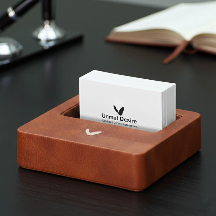 Unmet Desire Visiting Card Holder for Desk | Faux Leather | Square | Classic | Tan