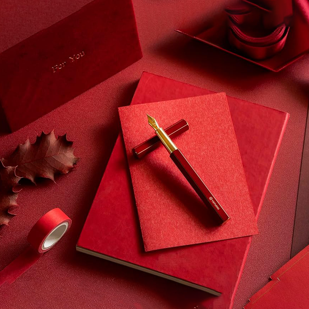 Ystudio Classic Revolve Fountain Pen – Red Hexogon | Medium Nib